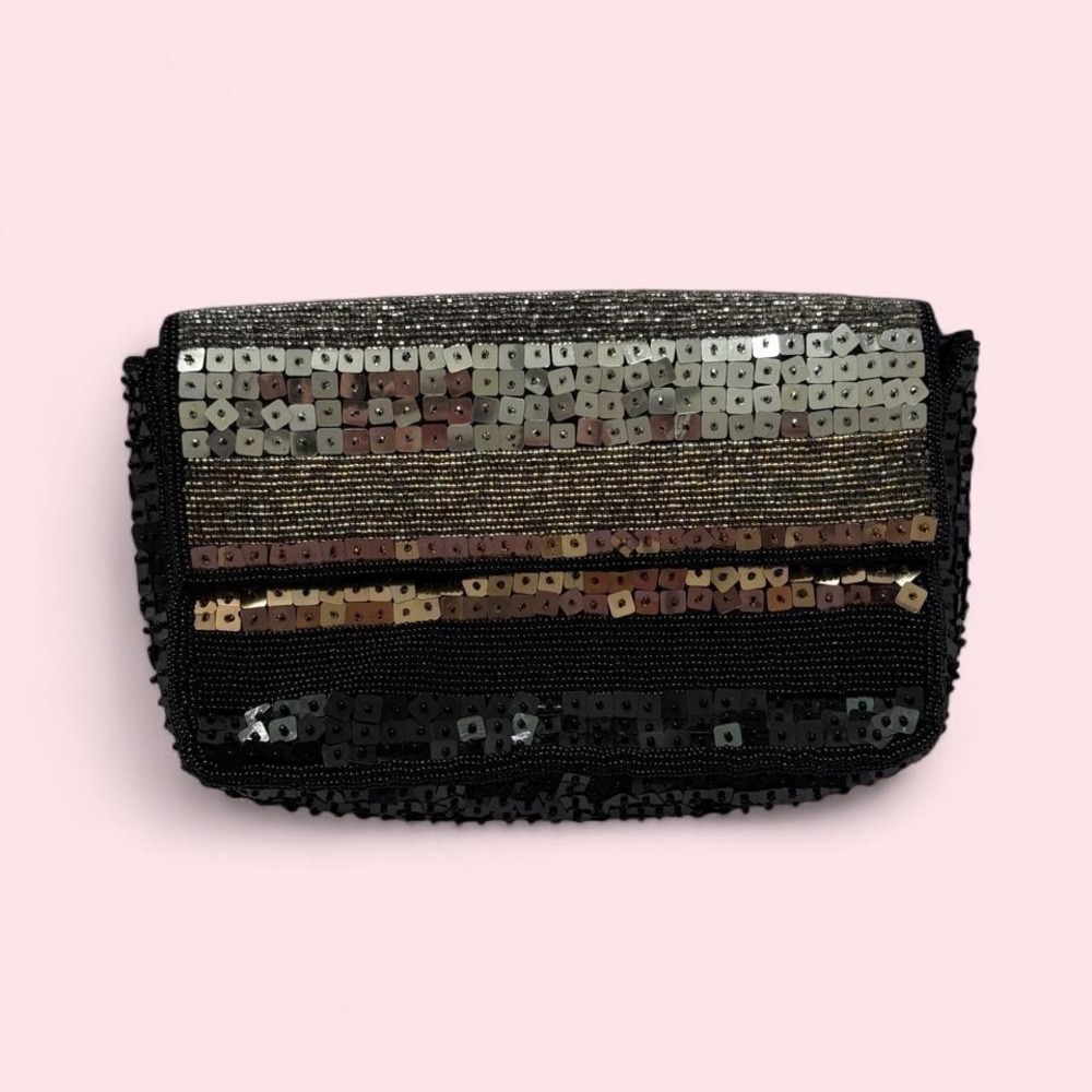 Black & Gold Sequin Beaded Clutch |‎ Evening Bag | One Size